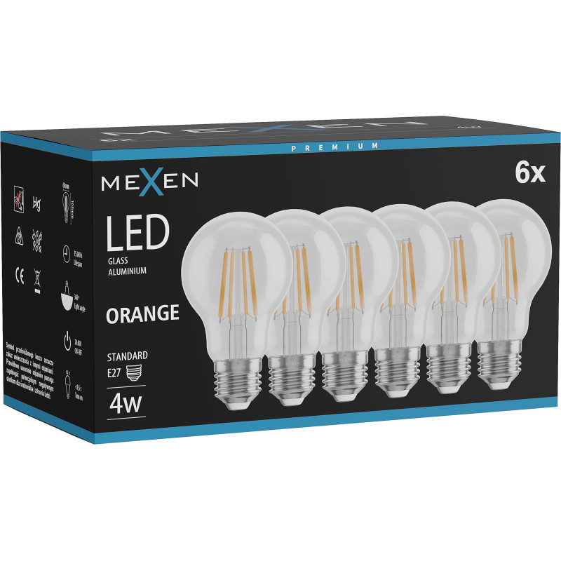 Mexen Vintis 6x LED-filamentlamp E27, A60, 4W, 55 lm, oranje - L150-E27-04XX-48x06