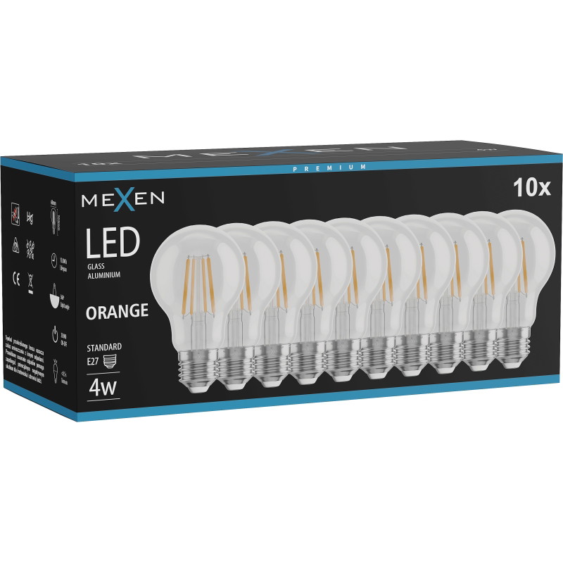 Mexen Vintis 10x LED-filamentlampa E27, A60, 4W, 55 lm, orange - L150-E27-04XX-48x10