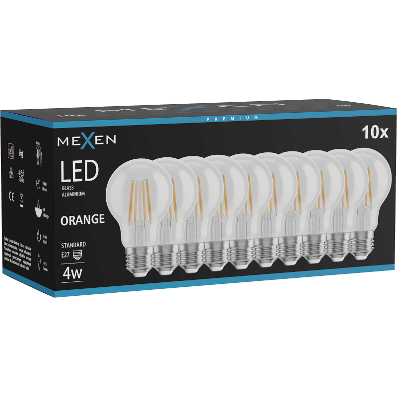 Mexen Vintis 10x LED pavediena spuldze E27, A60, 4W, 55 lm, oranža - L150-E27-04XX-48x10