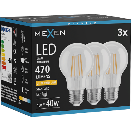 Mexen Vintis 3x Lampadina a filamento LED E27, A60, 4W, Calda - 2200K, 470 lm, trasparente - L150-E27-0422-00x03