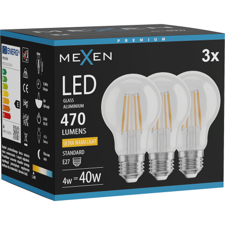 Mexen Vintis 3x LED-filamentlampa E27, A60, 4W, Varm - 2200K, 470 lm, klar - L150-E27-0422-00x03