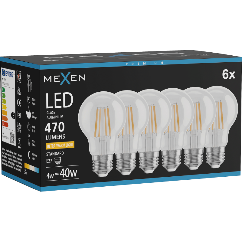 Mexen Vintis 6x LED-Filament-Glühbirne E27, A60, 4W, Warm - 2200K, 470 lm, klar - L150-E27-0422-00x06