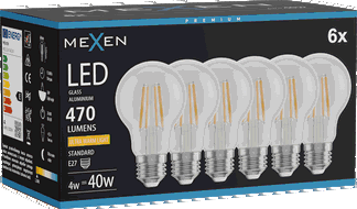 Mexen Vintis 6x LED E27 pavedienu spuldze, A60, 4W, Silta - 2200K, 470 lm, caurspīdīga - L150-E27-0422-00x06