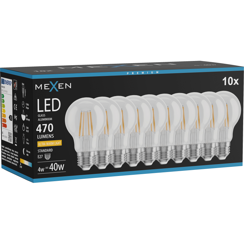 Mexen Vintis 10x Λάμπα LED filament E27, A60, 4W, Ζεστό - 2200K, 470 lm, διάφανο - L150-E27-0422-00x10