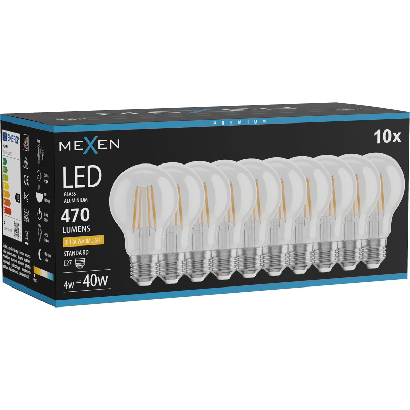 Mexen Vintis 10x Lampadina a filamento LED E27, A60, 4W, Calda - 2200K, 470 lm, trasparente - L150-E27-0422-00x10