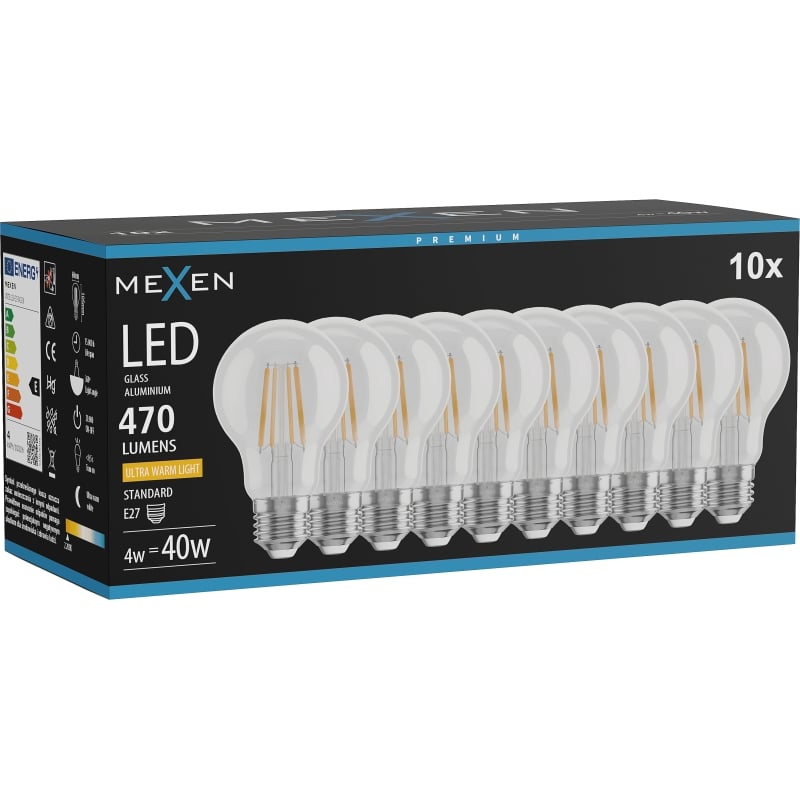 Mexen Vintis 10x LED filamentlampa E27, A60, 4W, Varm - 2200K, 470 lm, klar - L150-E27-0422-00x10