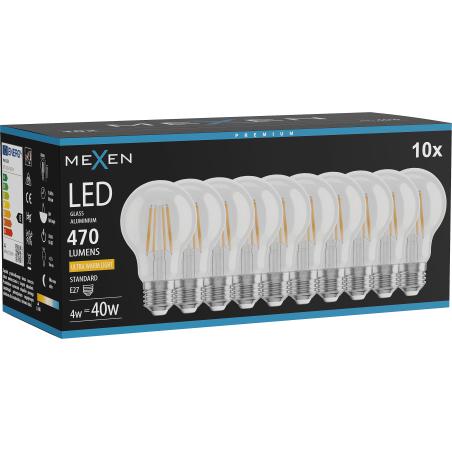Mexen Vintis 10x LED filamentlampa E27, A60, 4W, Varm - 2200K, 470 lm, klar - L150-E27-0422-00x10