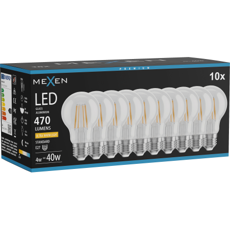 Mexen Vintis 10x LED-Glühbirne Filament E27, A60, 4W, Warm - 2200K, 470 lm, klar - L150-E27-0422-00x10