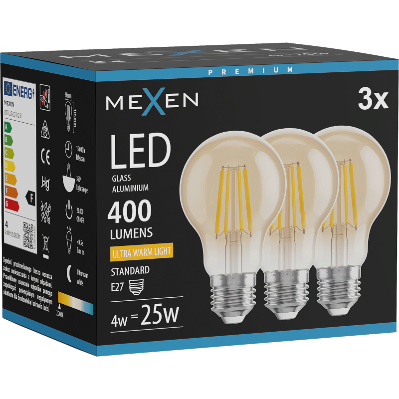 Mexen Vintis 3x LED-Filamentlampe E27, A60, 4W, Warm - 2200K, 400 lm, amber - L150-E27-0422-50x03