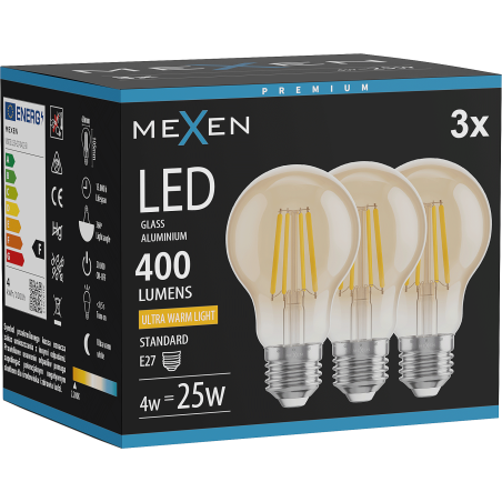 Mexen Vintis 3x Lampadina filamento LED E27, A60, 4W, Calda - 2200K, 400 lm, ambra - L150-E27-0422-50x03