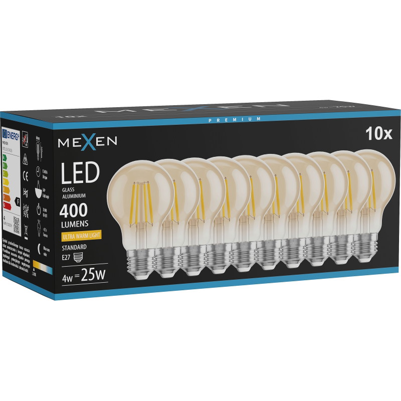 Mexen Vintis 10x LED-filamenttilamppu E27, A60, 4W, Lämmin - 2200K, 400 lm, amber - L150-E27-0422-50x10