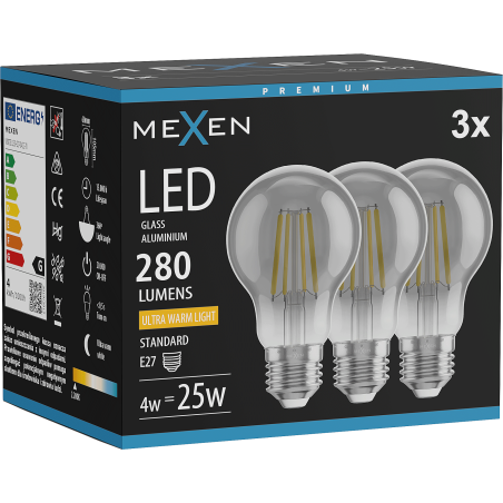 Mexen Vintis 3x Lampadina a filamento LED E27, A60, 4W, Calda - 2200K, 280 lm, smoke - L150-E27-0422-70x03