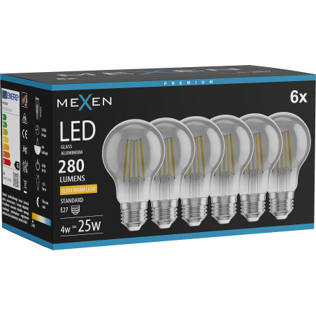 Mexen Vintis 6x LED filamentlamp E27, A60, 4W, Warm - 2200K, 280 lm, smoke - L150-E27-0422-70x06