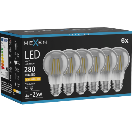 Mexen Vintis 6x LED-filamenttilamppu E27, A60, 4W, Lämmin - 2200K, 280 lm, savunharmaa - L150-E27-0422-70x06