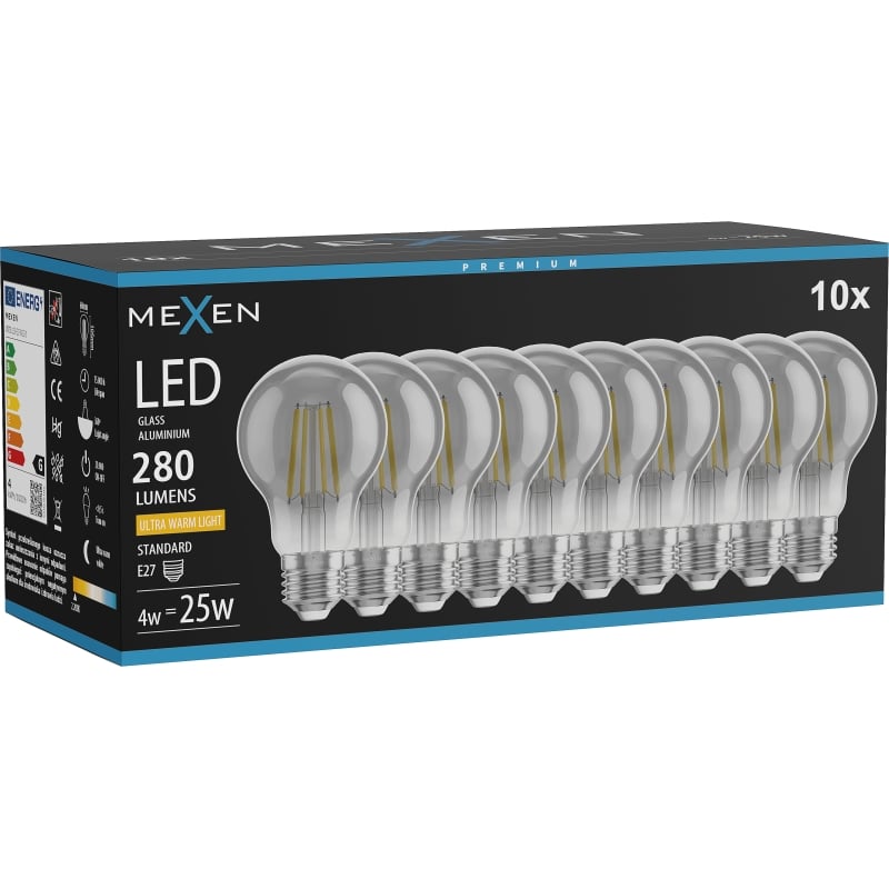 Mexen Vintis 10x LED-Filamentlampe E27, A60, 4W, Warm - 2200K, 280 lm, rauchgrau - L150-E27-0422-70x10