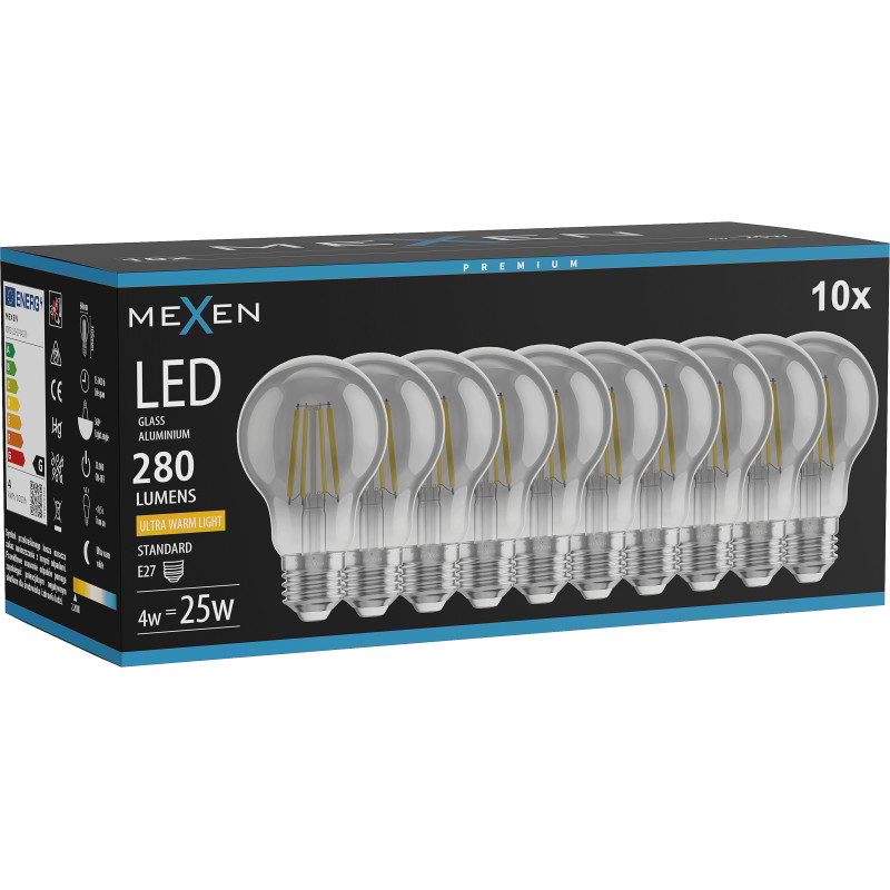 Mexen Vintis 10x żarówka filament LED E27, A60, 4W, Ciepła - 2200K, 280 lm, smoke - L150-E27-0422-70x10