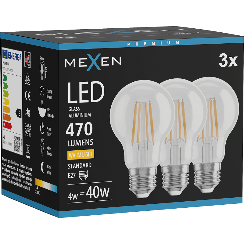 Mexen Vintis 3x LED Filament Glühbir mat E27, A60, 4W, Warm - 2700K, 470 Lumen, kloer - L150-E27-0427-00x03