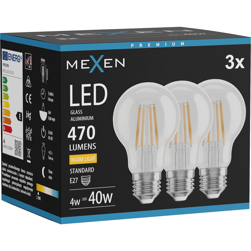 Mexen Vintis 3x LED filamentna žarulja E27, A60, 4W, Topla - 2700K, 470 lm, prozirna - L150-E27-0427-00x03