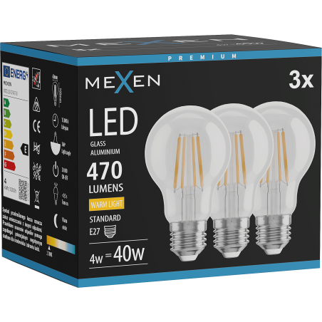 Mexen Vintis 3x LED filamentna žarulja E27, A60, 4W, Topla - 2700K, 470 lm, prozirna - L150-E27-0427-00x03