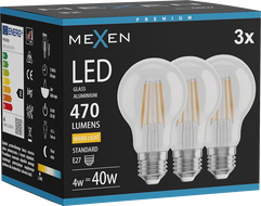 Mexen Vintis 3x Filament LED-pirn E27, A60, 4W, Soe - 2700K, 470 lm, läbipaistev - L150-E27-0427-00x03