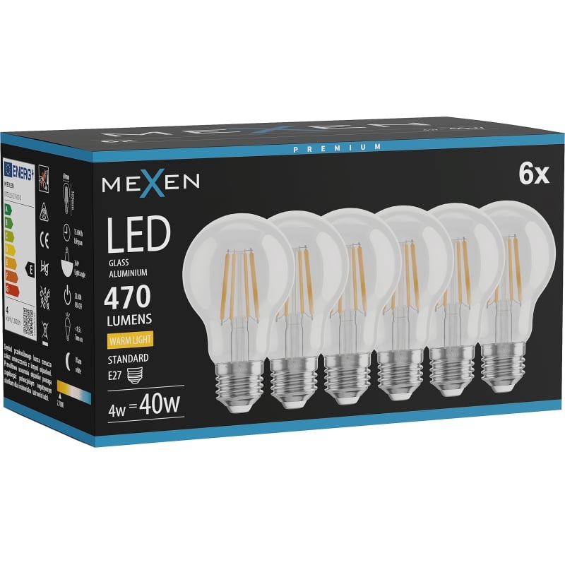 Mexen Vintis 6x Bombilla LED de filamento E27, A60, 4W, Cálida - 2700K, 470 lm, transparente - L150-E27-0427-00x06