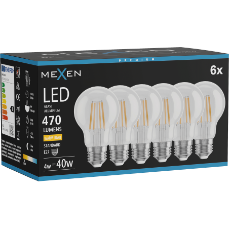 Mexen Vintis 6x LED filamentlamp E27, A60, 4W, Warm - 2700K, 470 lm, helder - L150-E27-0427-00x06
