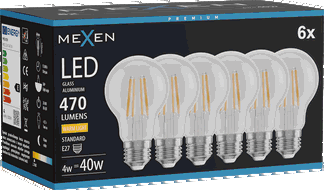 Mexen Vintis 6x LED-filamenttilamppu E27, A60, 4W, Lämmin - 2700K, 470 lm, kirkas - L150-E27-0427-00x06