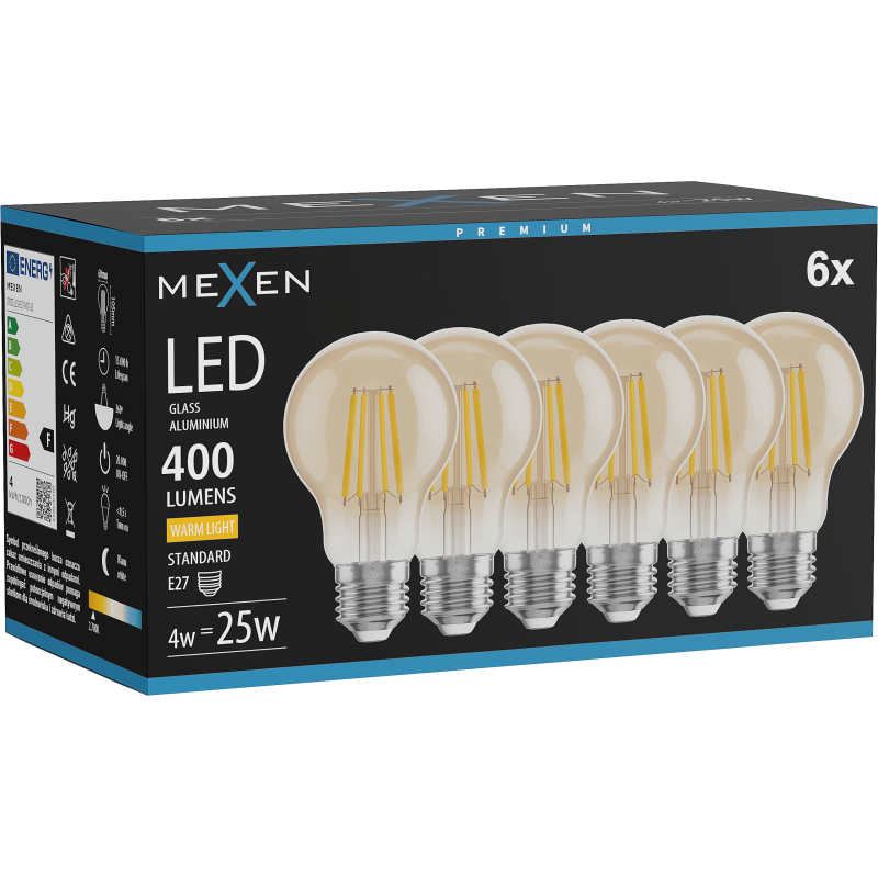 Mexen Vintis 6x LED-Filamentlampe E27, A60, 4W, Warm - 2700K, 400 lm, amber - L150-E27-0427-50x06