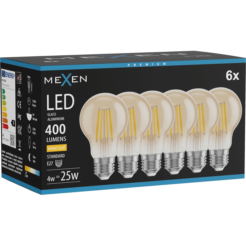 Mexen Vintis 6x LED-filamenttilamppu E27, A60, 4W, Lämmin - 2700K, 400 lm, amber - L150-E27-0427-50x06