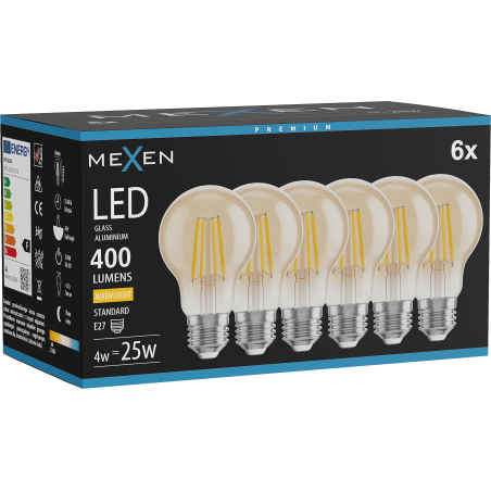 Mexen Vintis 6x Lampadina a filamento LED E27, A60, 4W, Calda - 2700K, 400 lm, ambra - L150-E27-0427-50x06