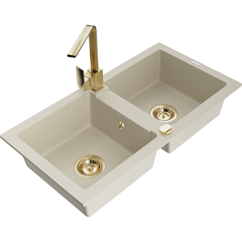 Mexen Mario lavello in granito a 2 vasche con rubinetto da cucina Rita, beige - 6504-69-670300-50