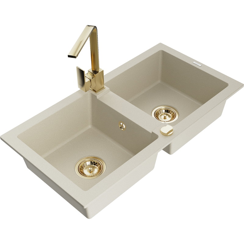 Mexen Mario tweekamer granieten gootsteen met keukenmengkraan Rita, beige - 6504-69-670300-50