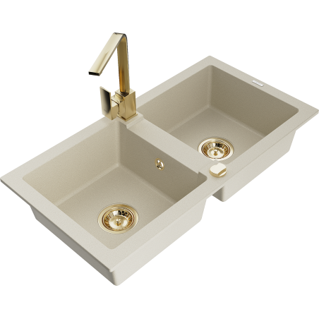 Mexen Mario fregadero de granito de 2 senos con grifo de cocina Rita, beige - 6504-69-670300-50