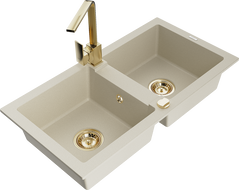 Mexen Mario granite 2-bowl sink with Rita kitchen tap, beige - 6504-69-670300-50