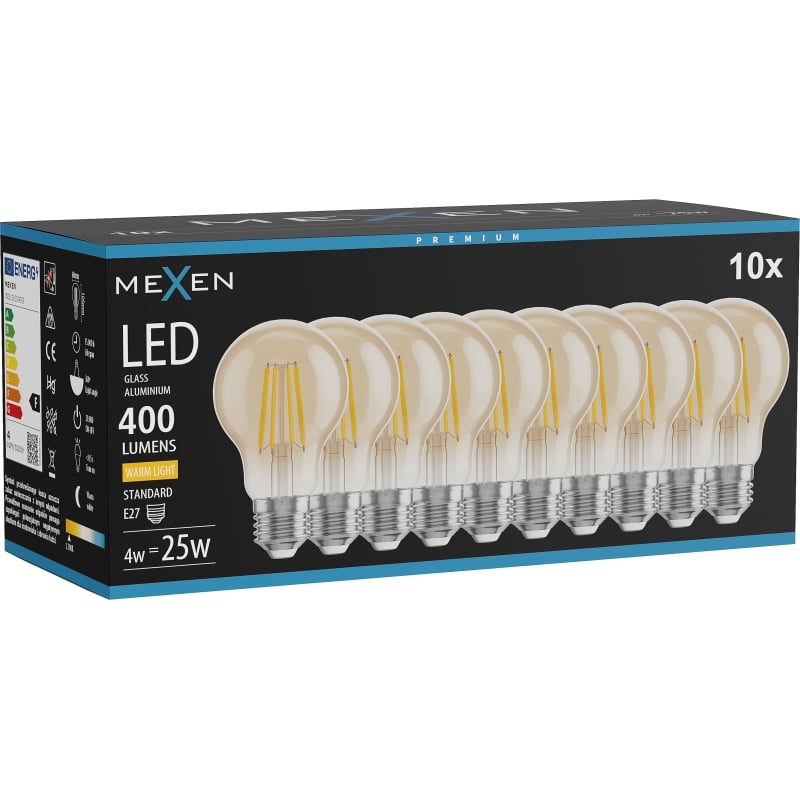 Mexen Vintis 10x LED filamentlampa E27, A60, 4W, Varm - 2700K, 400 lm, amber - L150-E27-0427-50x10