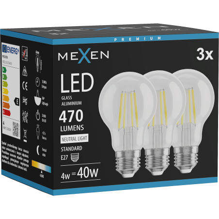 Mexen Vintis 3x Bombilla LED de filamento E27, A60, 4W, Neutral - 4000K, 470 lm, transparente - L150-E27-0440-00x03