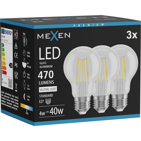 Mexen Vintis 3x LED filamentlampa E27, A60, 4W, Neutral - 4000K, 470 lm, klar - L150-E27-0440-00x03