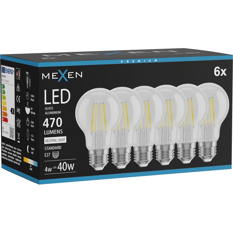 Mexen Vintis 6x LED-filamentlampa E27, A60, 4W, Neutral - 4000K, 470 lm, klar - L150-E27-0440-00x06