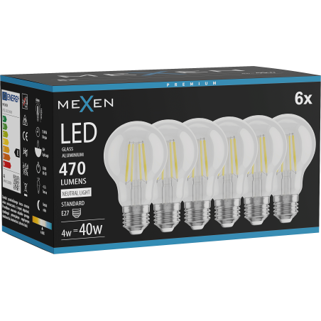 Mexen Vintis 6x Lampadina a filamento LED E27, A60, 4W, Neutra - 4000K, 470 lm, trasparente - L150-E27-0440-00x06