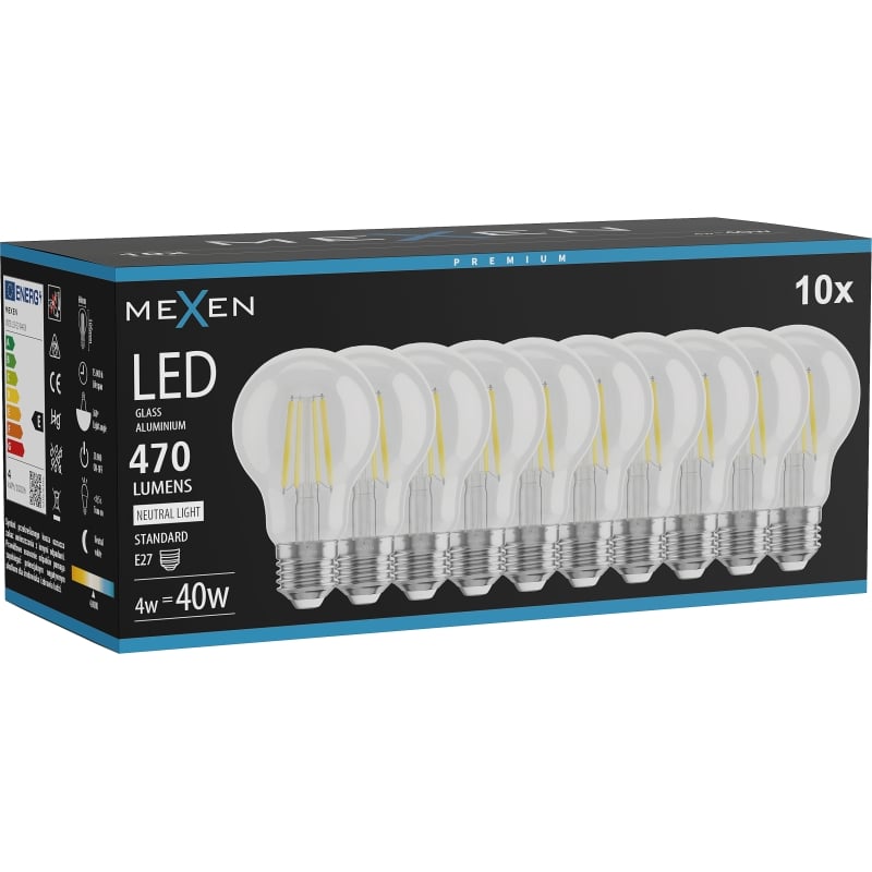 Mexen Vintis 10x bombilla filamento LED E27, A60, 4W, Neutra - 4000K, 470 lm, transparente - L150-E27-0440-00x10