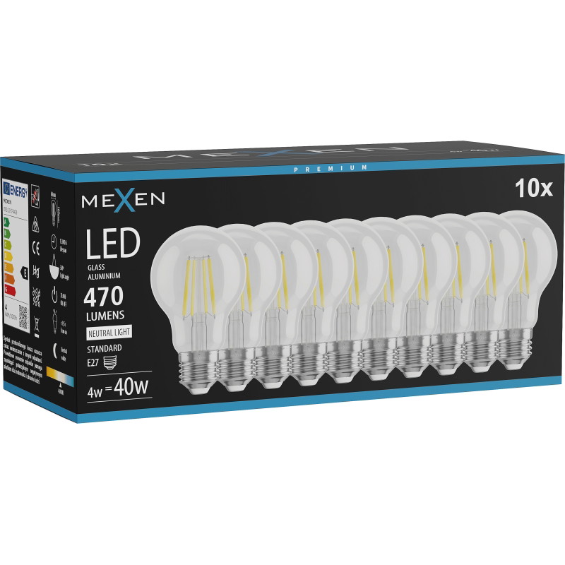 Mexen Vintis 10x LED-filamenttilamppu E27, A60, 4W, Neutraali - 4000K, 470 lm, kirkas - L150-E27-0440-00x10