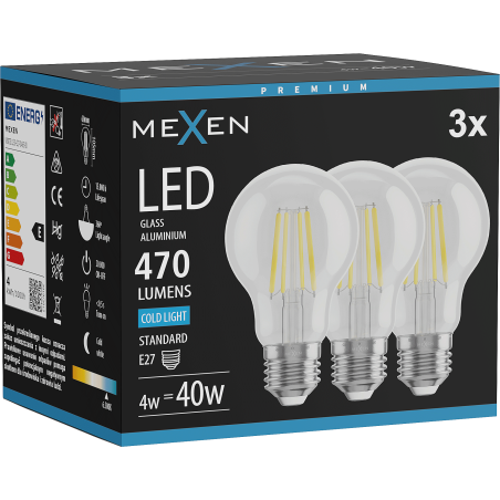 Mexen Vintis 3x LED-filamentlampa E27, A60, 4W, Kall - 6500K, 470 lm, klar - L150-E27-0465-00x03