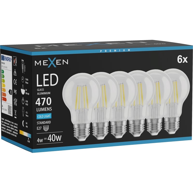 Mexen Vintis 6x LED-filamenttilamppu E27, A60, 4W, Kylmä - 6500K, 470 lm, kirkas - L150-E27-0465-00x06