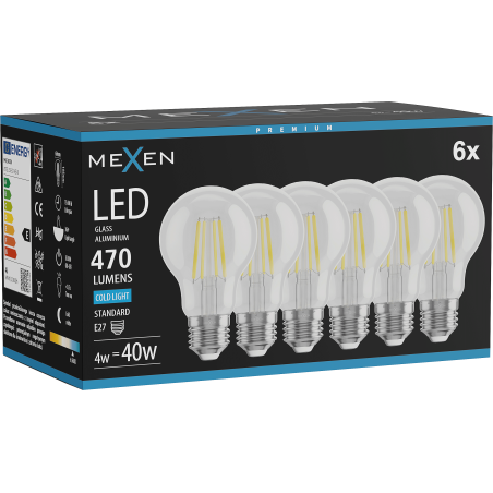 Mexen Vintis 6x Bombilla LED de filamento E27, A60, 4W, Fría - 6500K, 470 lm, transparente - L150-E27-0465-00x06