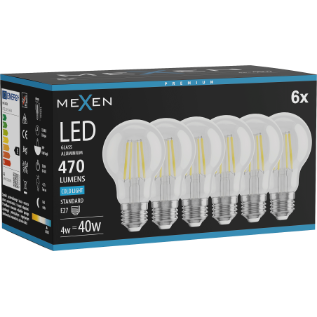 Mexen Vintis 6x Led filamentlamp E27, A60, 4W, Koud - 6500K, 470 lm, helder - L150-E27-0465-00x06