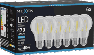 Mexen Vintis 6x żarówka filament LED E27, A60, 4W, Zimna - 6500K, 470 lm, clear - L150-E27-0465-00x06