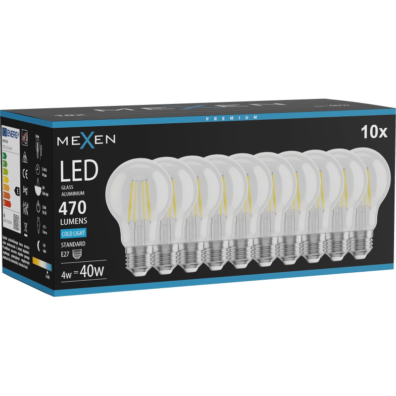 Mexen Vintis 10x LED filamentlamp E27, A60, 4W, Koud - 6500K, 470 lm, helder - L150-E27-0465-00x10