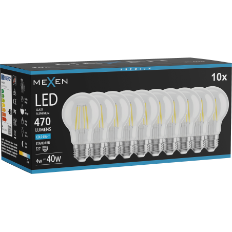 Mexen Vintis 10x žarnica filament LED E27, A60, 4W, Hladna - 6500K, 470 lm, prozorna - L150-E27-0465-00x10