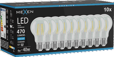 Mexen Vintis 10x LED hõõgniitlamp E27, A60, 4W, Külm - 6500K, 470 lm, selge - L150-E27-0465-00x10