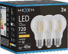 Mexen Vintis 3x Filament LED-lamp E27, A60, 6W, Warm - 2200K, 720 lm, helder - L150-E27-0622-00x03